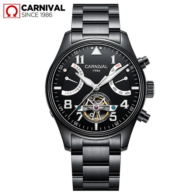 CARNIVAL Fashion Tourbillon Mechanical Watches for Man Automatic Watch Sapphire Waterproof Calendar Luminous Relogio Masculino
