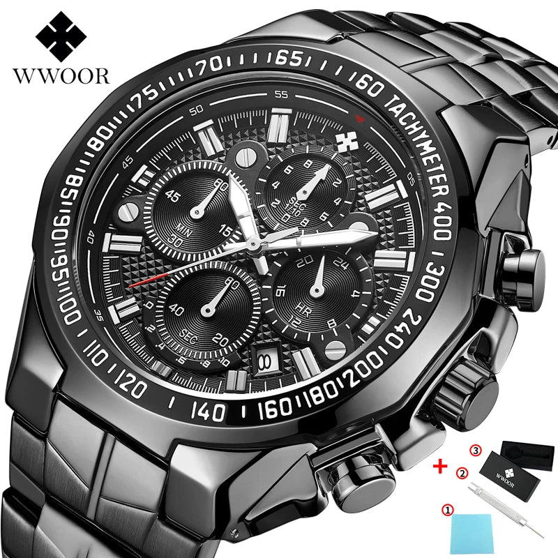 WWOOR Top Brand Luxury Sport Watch For Men Quartz Chronograph Date Luminous Black Full Steel Wrist Watch Male Clock Reloj Hombre