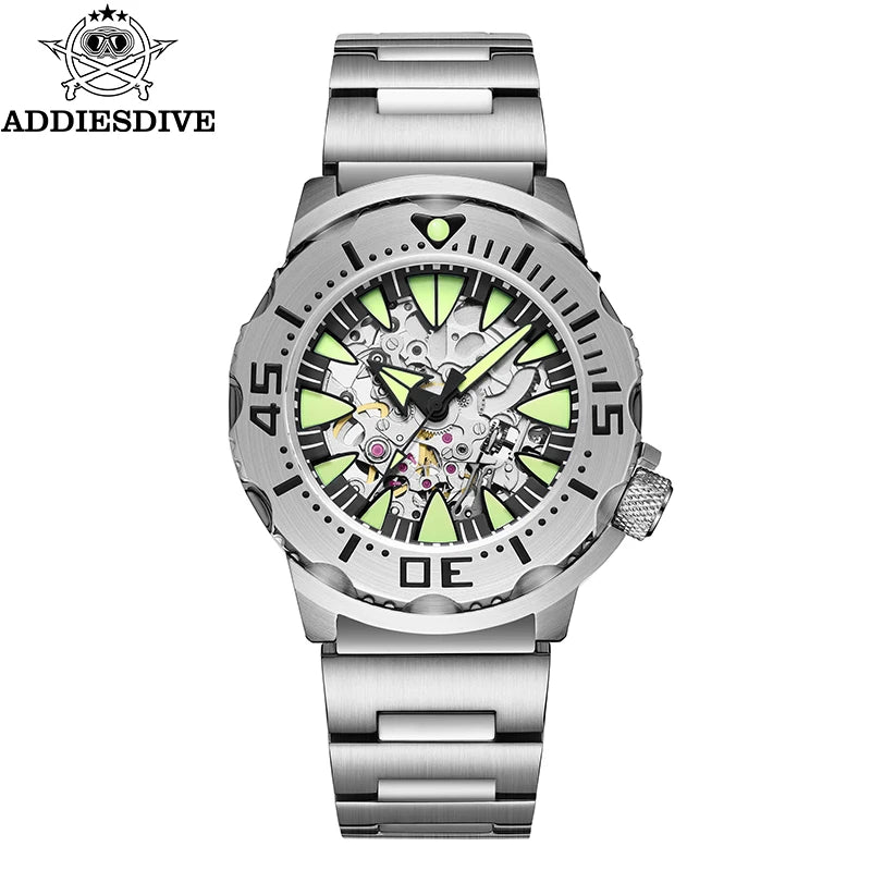 ADDIESDIVE luxury men's skeleton automatic watch sapphire glass BGW9 luminous diver's watch 200m men analog mechanical watches