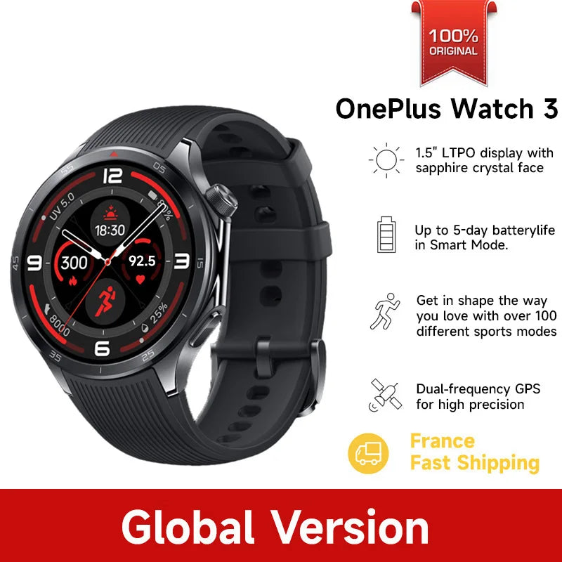 Global Version OnePlus Watch 3 46mm oneplus watch Smart Watch 1.5 inches AMOLED Display 32GB Memory Snapdragon W5 Wear OS by Google IP68