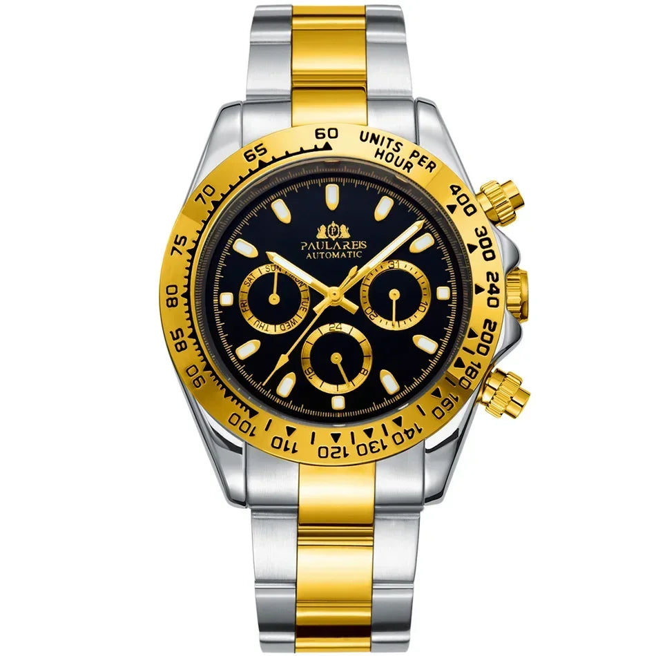Automatic Mens Watch Self Wind Mechanical Gold Stainless Steel Glacier Ice Blue Dial Chestnut Brown Bezel Luminous Men Watches