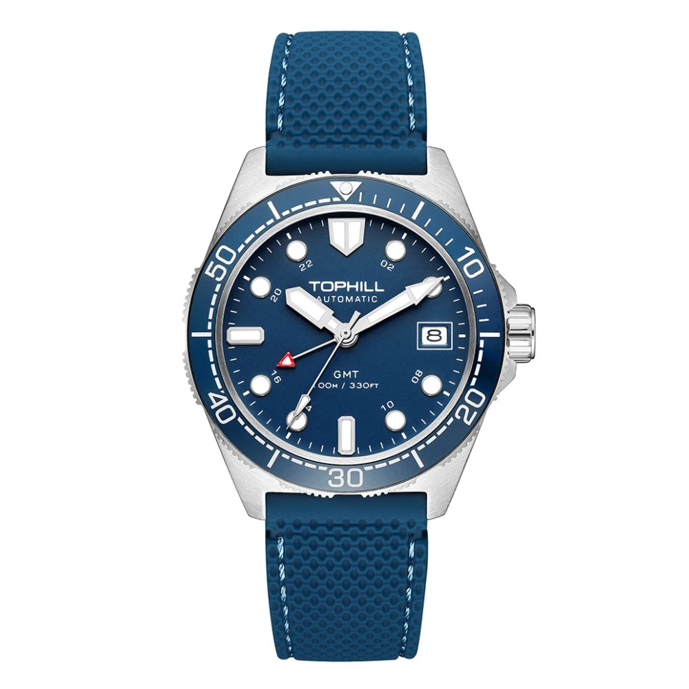 Tophill 39.5mm Automatic NH34 GMT Watch Swim 3H Date Window Mechanical C3 Green Lume 100M Waterproof Sapphire Crystal TD011G