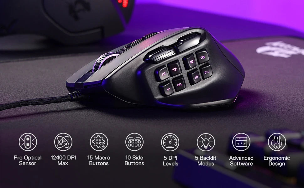 Redragon M811 Aatrox MMO Gaming Mouse, 15 Programmable Buttons Wired RGB Gamer Mouse with Ergonomic Natural Grip Build