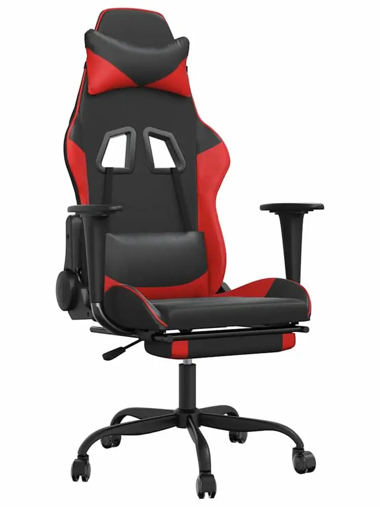 Massage Gaming Chair with Footrest, Reclining Ergonomic Gaming Chair, 360° Swivel Adjustable Height Gaming Chair in Black & Red Leather