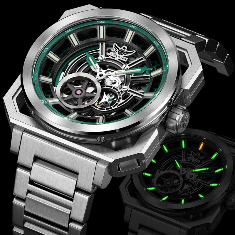 Yelang V1216 Men Watch Luxury Brand Watch 42mm Hollow Dial Japan MIYOTA 8N40 Automatic Movement 100M Waterproof Watch Luminous
