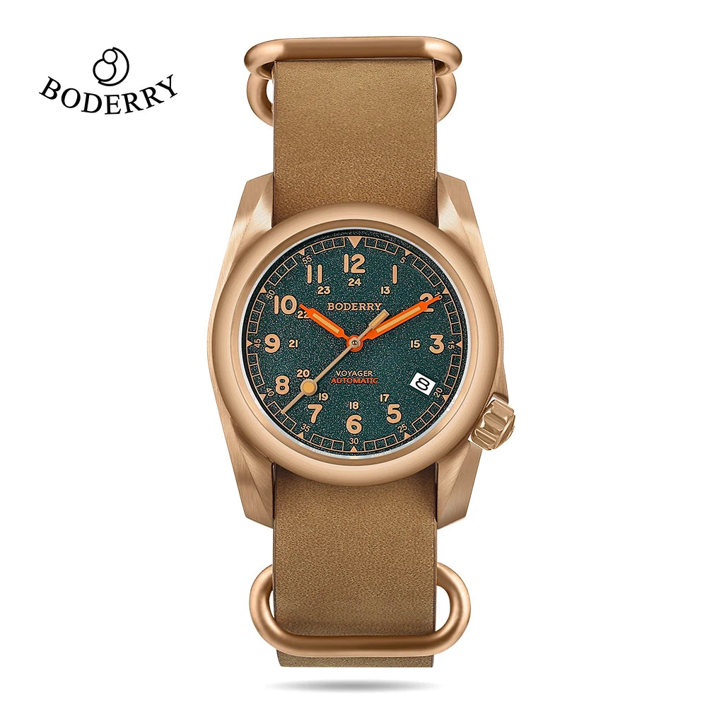 Relógio masculino Boderry Field Watches VOYAGER, caixa em bronze, mecânico automático, 100M impermeável, estilo militar, marca de topo