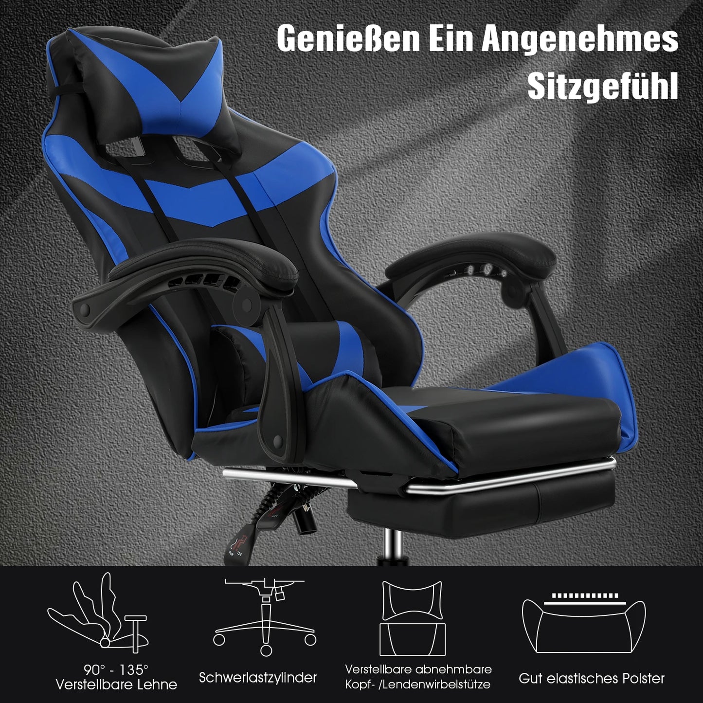 Gaming Massage Chair,Computer Chair +Footrest and Lumbar Support, Height Adjustable Gaming Chair +360°-Swivel Seat +Headrest