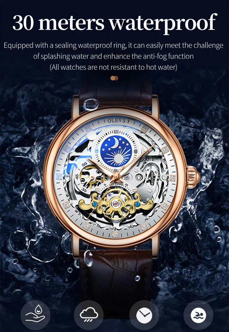 OLEVS Brand 2024 Fashion Moon Phase Skeleton Mechanical Watch for Men Sport Leather Waterproof Luxury Tourbillon Watches Mens