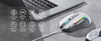 Redragon M612 RGB Gaming 8000 DPI Wired Optical Gamer Mouse 9 Programmable Buttons & 5 Backlit Modes