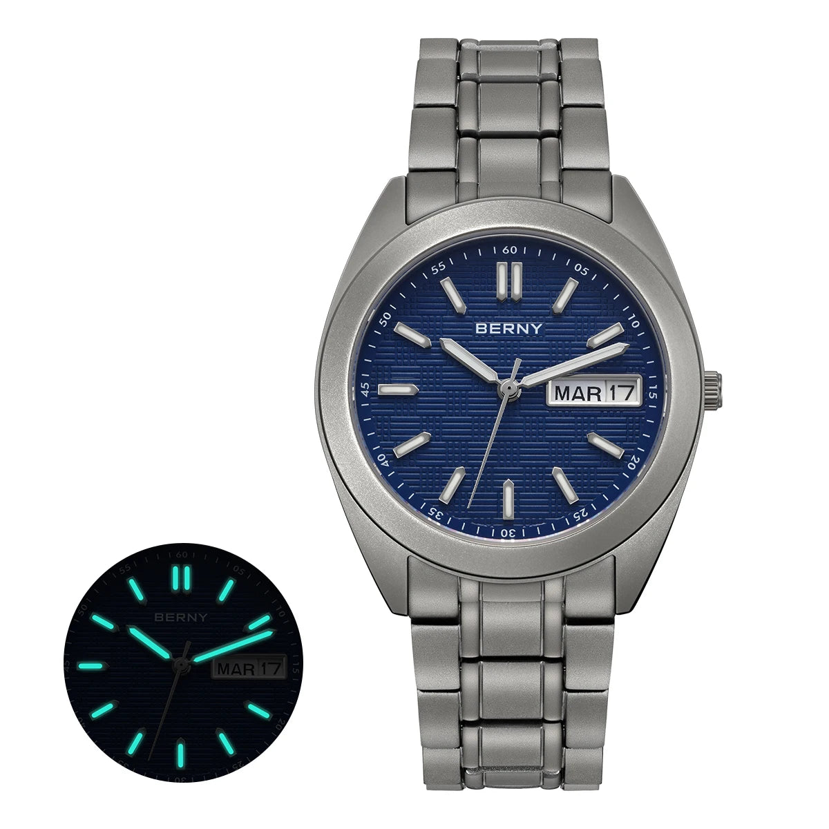 BERNY Titanium Watches for Men Date Week Calendar Sapphire Quartz Watch 38mm Super Luminous Men's Wristwatch 10ATM Lightweight