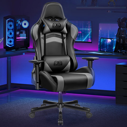 Gaming Chair, Ergonomic, PU Leather, Adjustable Armrests, Waterproof, Max 150kg, Black/Gray