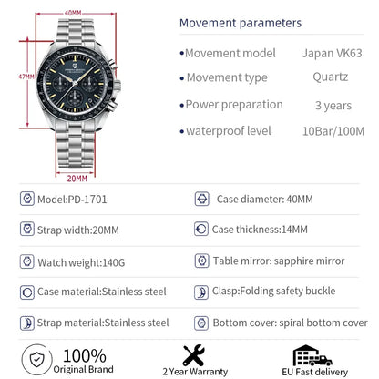 PAGANI DESIGN New men’s watches, luxury quartz watch, speed chronograph, AR sapphire glasses, 100M water-resistant, business watch 2026, EU local shipping