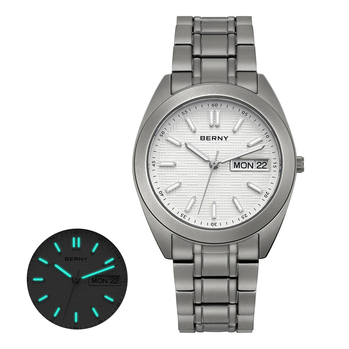 BERNY Titanium Watches for Men Date Week Calendar Sapphire Quartz Watch 38mm Super Luminous Men's Wristwatch 10ATM Lightweight