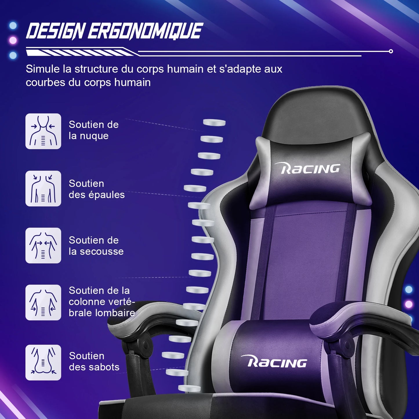 Portreen Gaming chair with footrest, ergonomic gaming chair, gaming armchair with adjustable lumbar cushion and headrest, height-adjustable swivel, rocking function up to 170°, gaming chair for up to 150 kg, black, perfect f