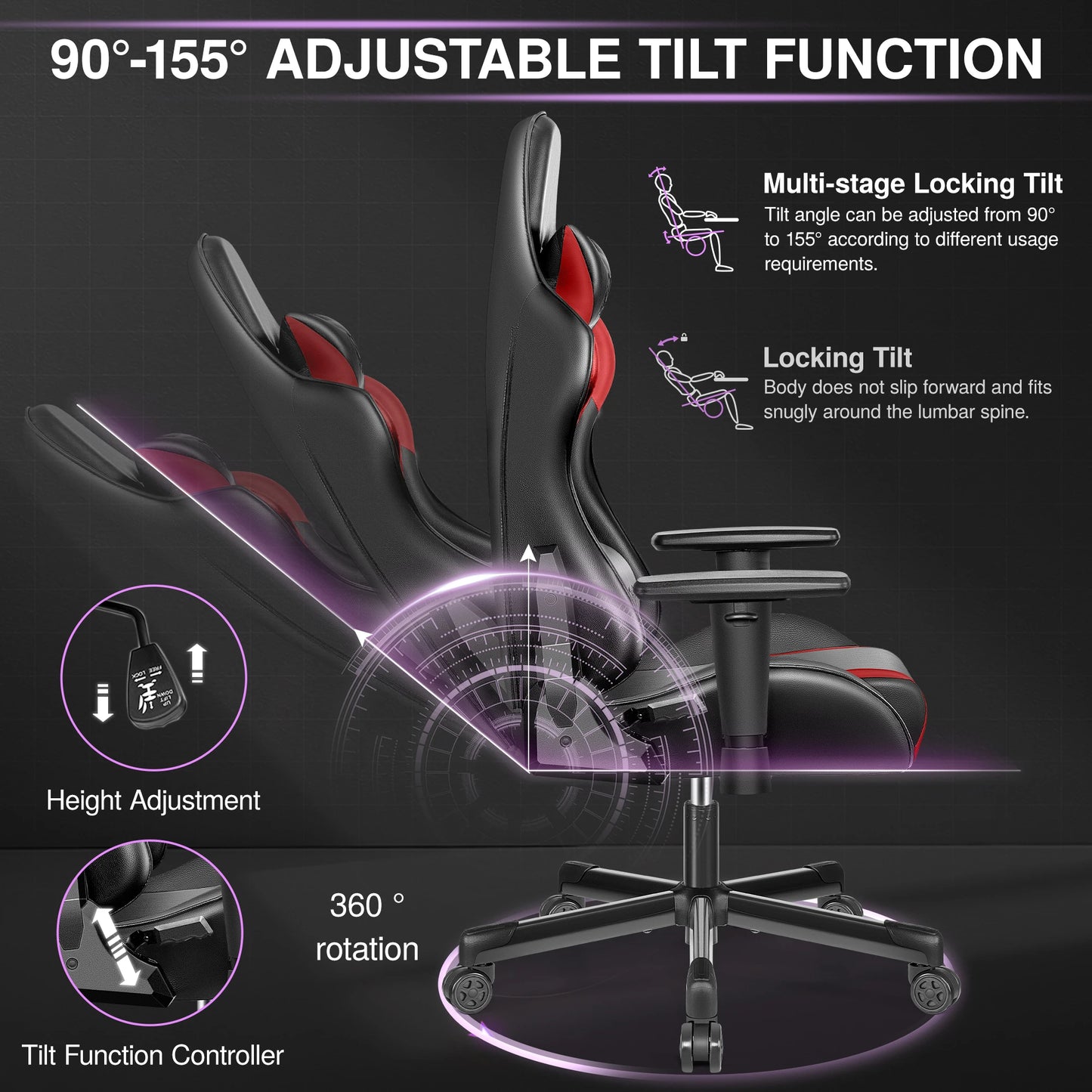 Gaming Chair, Ergonomic, PU Leather, Adjustable Armrests, Waterproof, Max 150kg, Black/Red