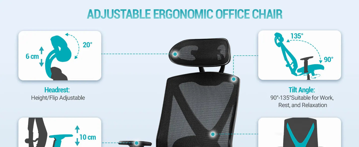 1 Black Ergonomic Office Chair, Computer Chair, Swivel Chair with Adjustable Lumbar Support, Headrest and Armrest, Height Adjustment