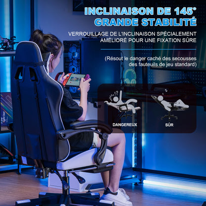 Cadeira gaming GTPLAYER Cadeira gamer Cadeira de escritório ergonómica Apoio para os pés ajustável Apoio lombar e almofadas Cadeira gaming