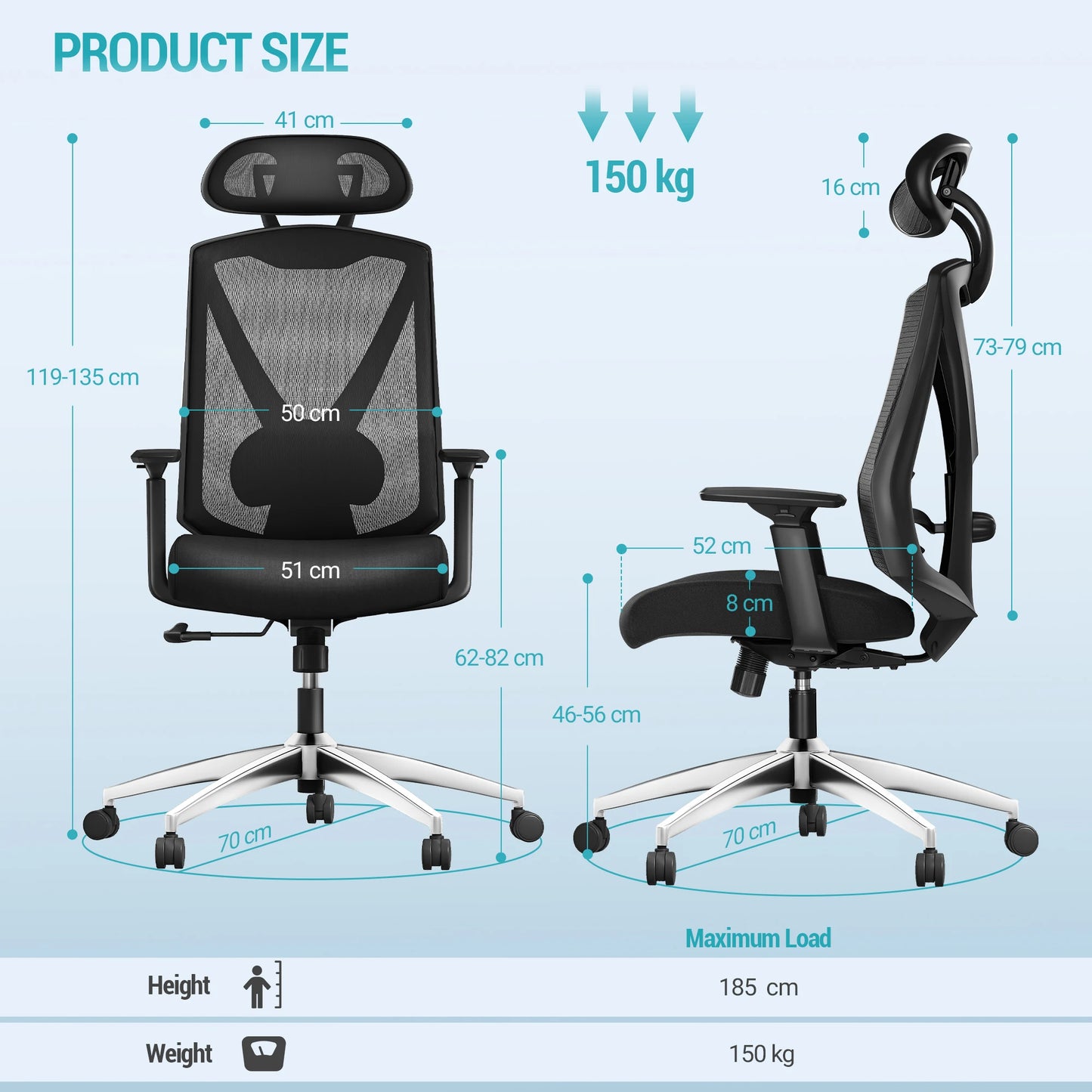 1 Black Ergonomic Office Chair, Computer Chair, Swivel Chair with Adjustable Lumbar Support, Headrest and Armrest, Height Adjustment
