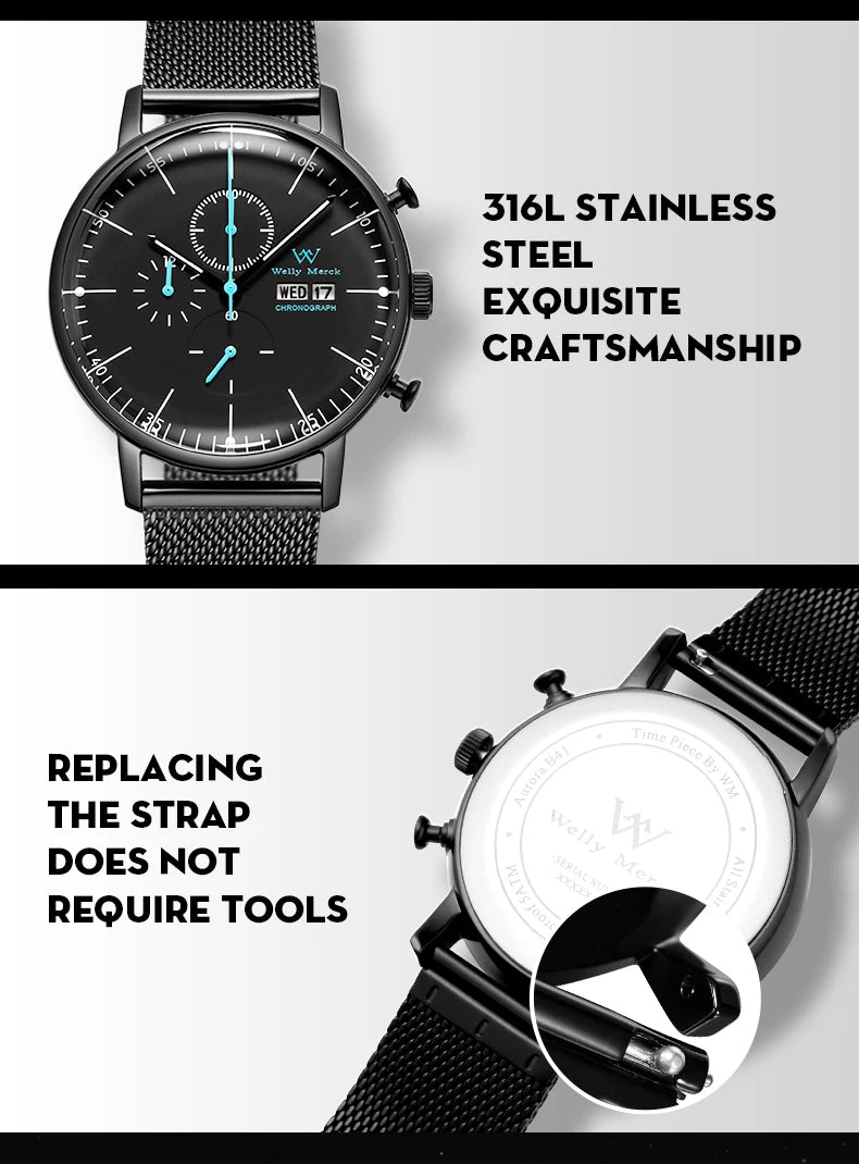 WM Watch Quartz Watches Casual Business Sapphire Crystal Water Resistant Stainless Steel Welly Merck Watch 014M