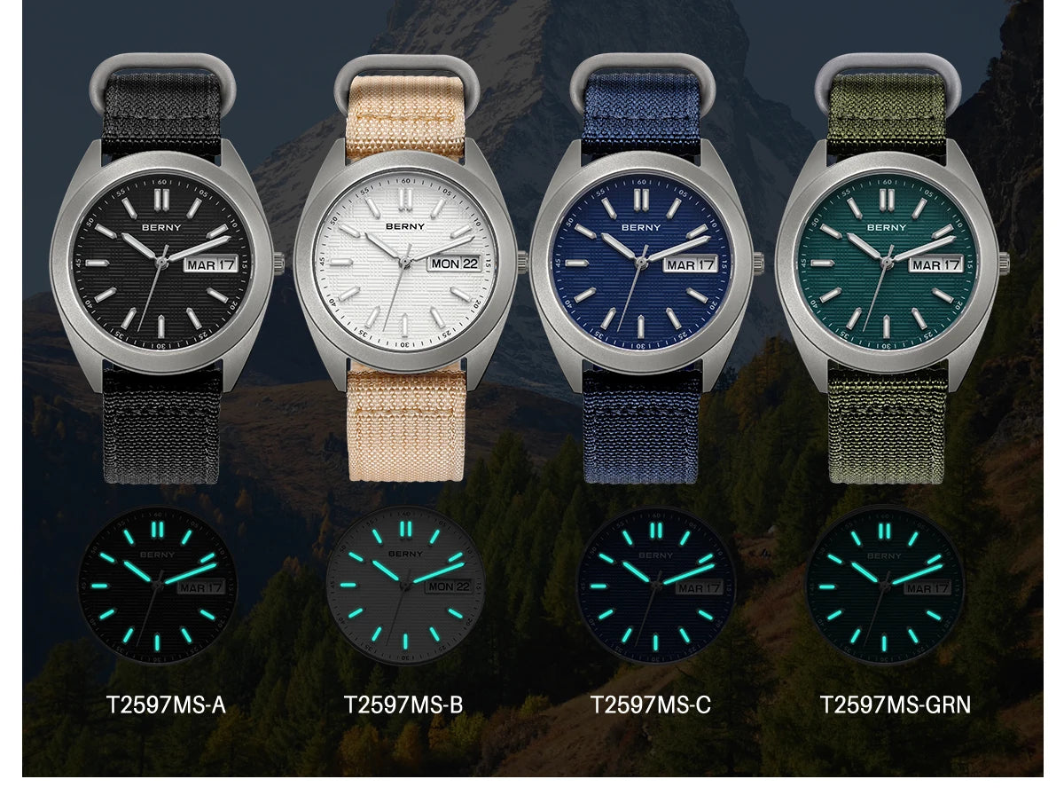 BERNY Titanium Watches for Men Date Week Calendar Sapphire Quartz Watch 38mm Super Luminous Men's Wristwatch 10ATM Lightweight