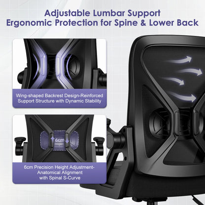 Hiazurm Ergonomic Office Chair, with Adjustable Lumbar Support, 90° Foldable Armrests & Rocking Function, 150kg Capacity