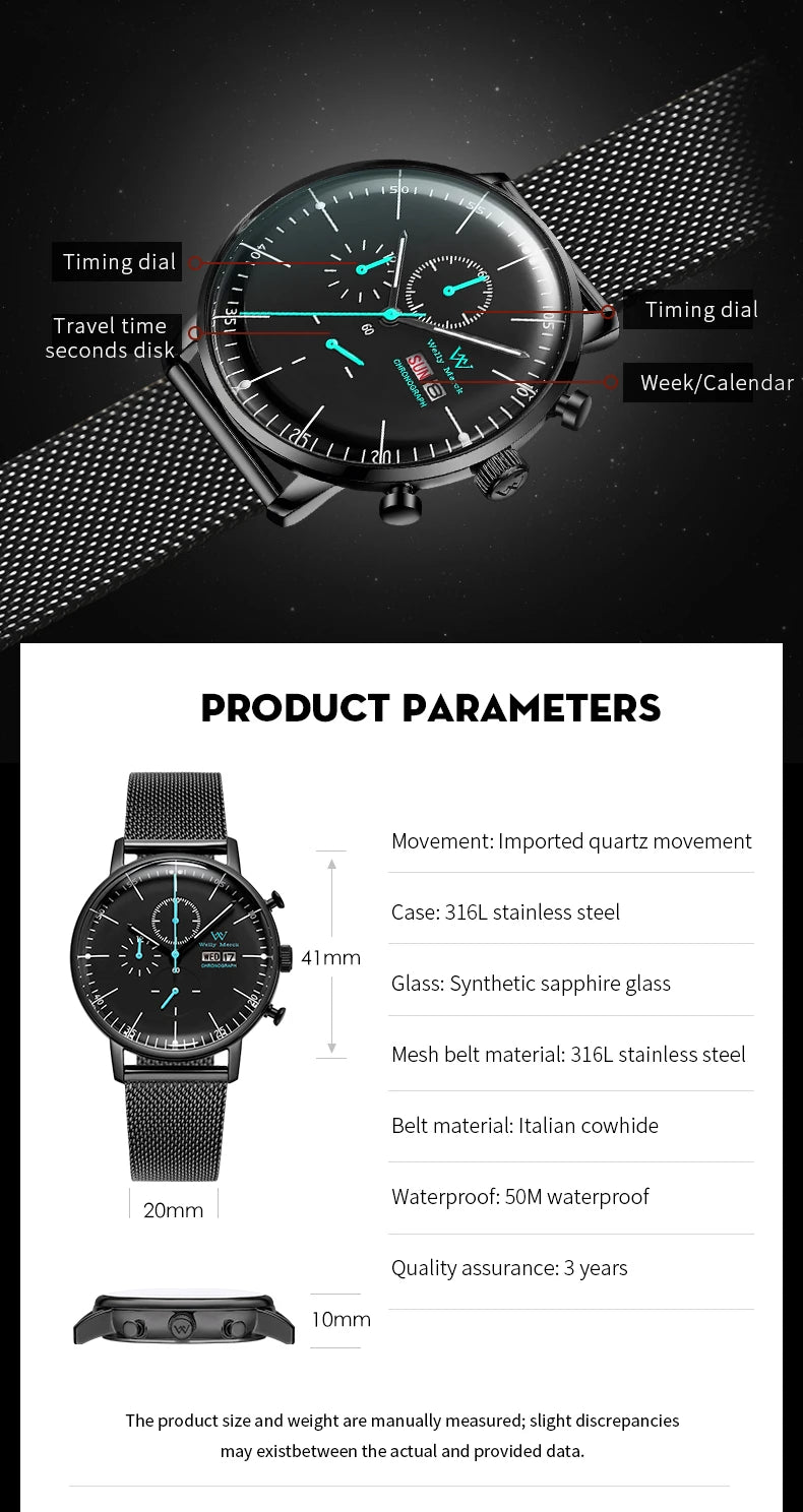 WM Watch Quartz Watches Casual Business Sapphire Crystal Water Resistant Stainless Steel Welly Merck Watch 014M