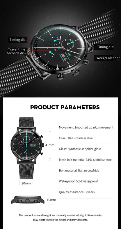WM Watch Quartz Watches Casual Business Sapphire Crystal Water Resistant Stainless Steel Welly Merck Watch 014M