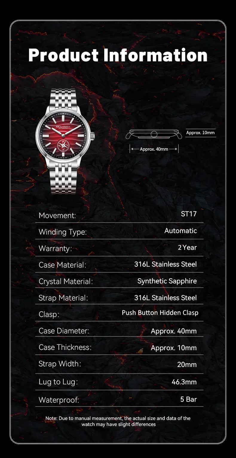 Seagull Natural Series 39.5mm Men's Watch Automatic Mechanical Watches Luminous Stainless Steel Sapphire Bracelet 2026 New 6180