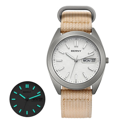 BERNY Titanium Watches for Men Date Week Calendar Sapphire Quartz Watch 38mm Super Luminous Men's Wristwatch 10ATM Lightweight