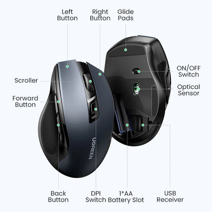 UGREEN langaton hiiri Bluetooth 5.0, ergonominen 4000DPI, 6 hiljaista painiketta, MacBookille, tabletille, kannettaville tietokoneille, tietokoneelle ja PC:lle, 2.4G-hiiri