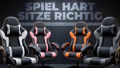 Black & White Gaming Chair, Ergonomic PU Leather Computer Chair with Footrest, Adjustable Swivel Office Chair with Lumbar Support & Headrest, Breathable High-Back Chair for Gaming & Work