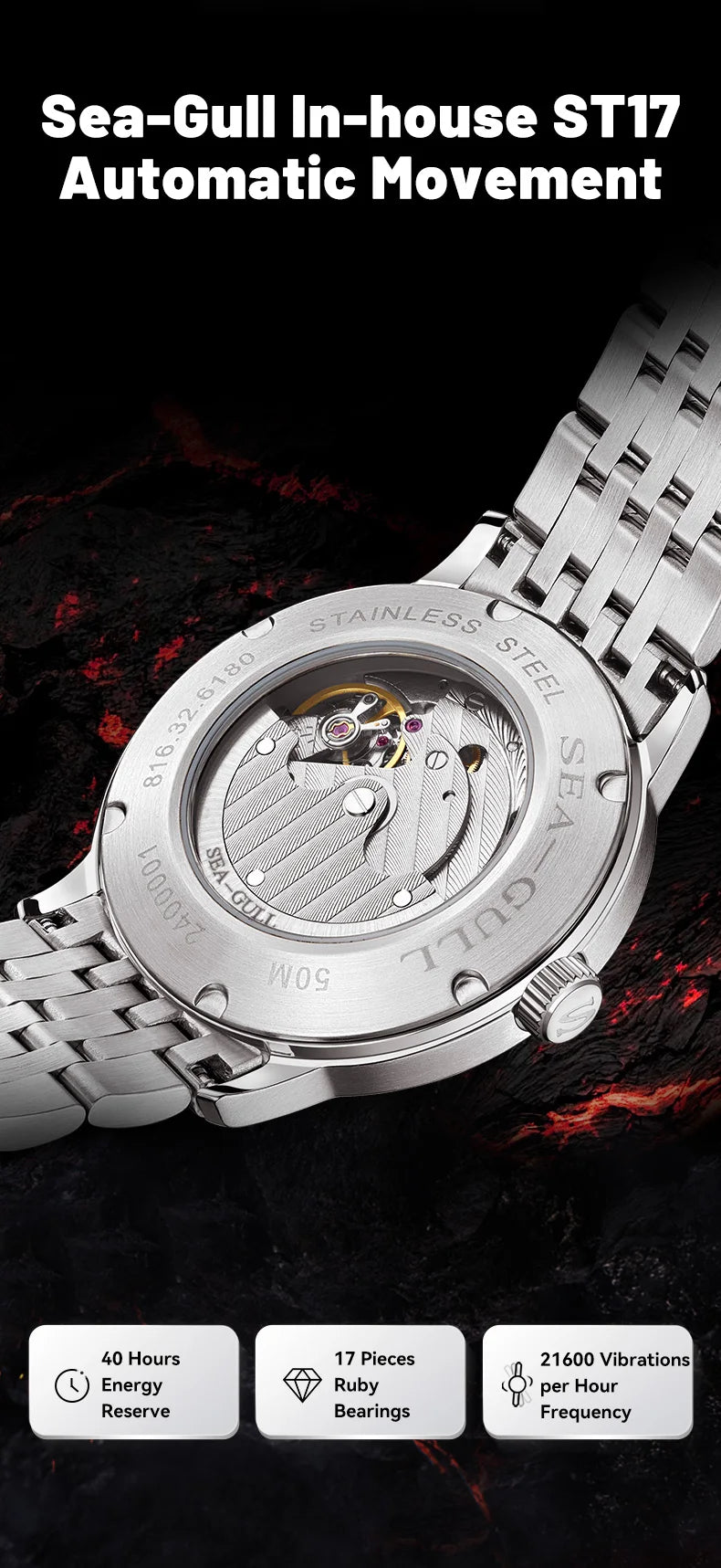 Seagull Natural Series 39.5mm Men's Watch Automatic Mechanical Watches Luminous Stainless Steel Sapphire Bracelet 2026 New 6180