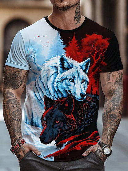Men's 3D Wolf Print T-Shirt Casual Round Neck Short Sleeve Shirt Breathable and Comfortable Fabric Men's Street Outdoor Clothing