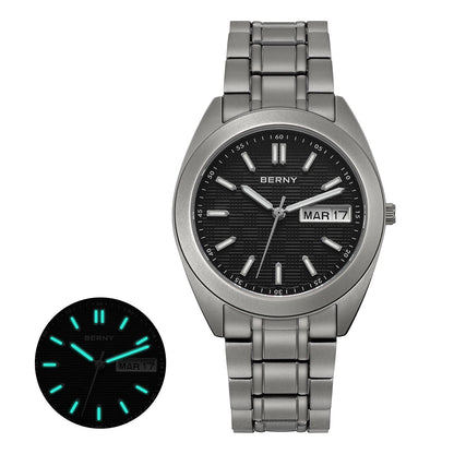 BERNY Titanium Watches for Men Date Week Calendar Sapphire Quartz Watch 38mm Super Luminous Men's Wristwatch 10ATM Lightweight