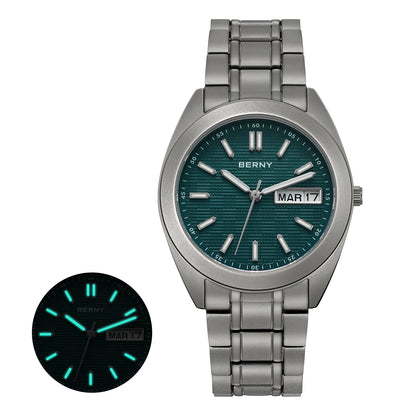 BERNY Titanium Watches for Men Date Week Calendar Sapphire Quartz Watch 38mm Super Luminous Men's Wristwatch 10ATM Lightweight
