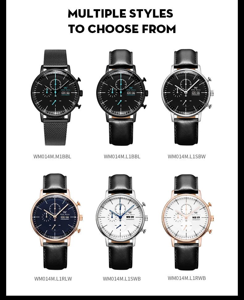 WM Watch Quartz Watches Casual Business Sapphire Crystal Water Resistant Stainless Steel Welly Merck Watch 014M