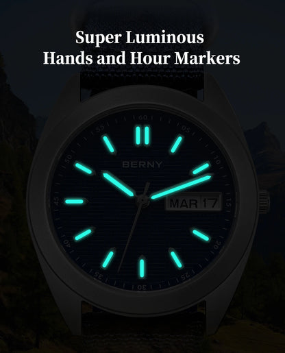 BERNY Titanium Watches for Men Date Week Calendar Sapphire Quartz Watch 38mm Super Luminous Men's Wristwatch 10ATM Lightweight