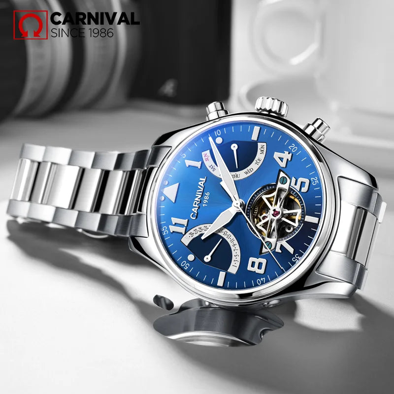 CARNIVAL Fashion Tourbillon Mechanical Watches for Man Automatic Watch Sapphire Waterproof Calendar Luminous Relogio Masculino