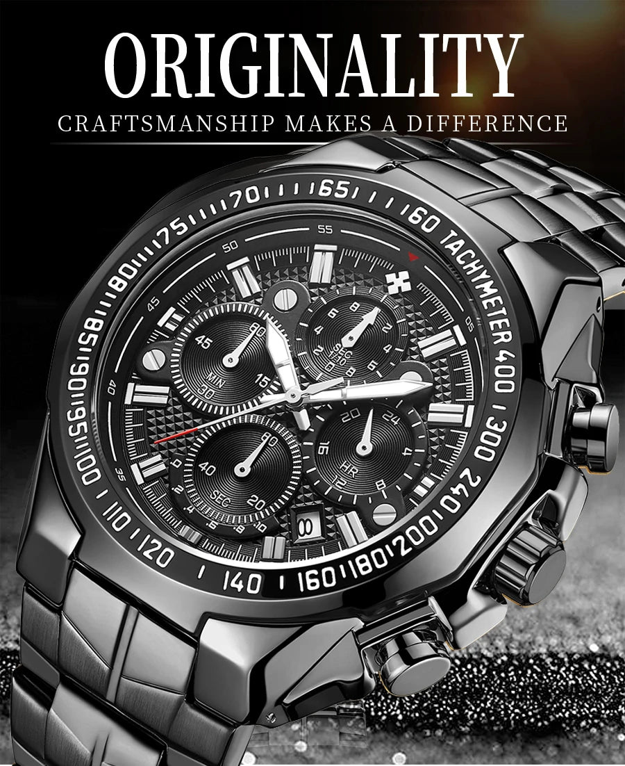 WWOOR Top Brand Luxury Sport Watch For Men Quartz Chronograph Date Luminous Black Full Steel Wrist Watch Male Clock Reloj Hombre