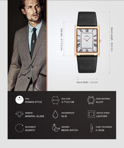 IBSO Ultra-Thin Rectangle Dial Men's Quartz Watch Luxury Business Style Genuine Leather Strap Waterproof New Men WristWatches