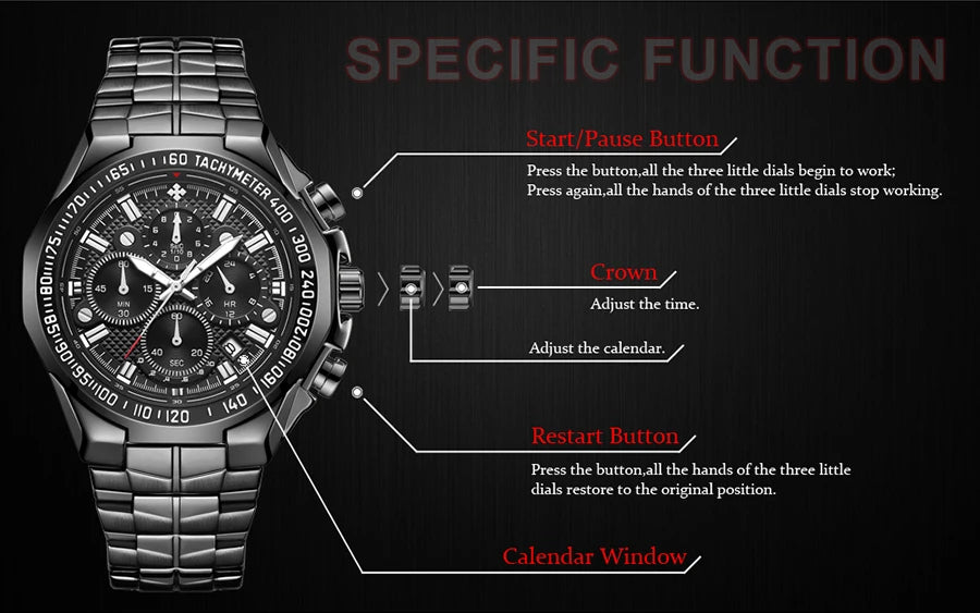 WWOOR Top Brand Luxury Sport Watch For Men Quartz Chronograph Date Luminous Black Full Steel Wrist Watch Male Clock Reloj Hombre
