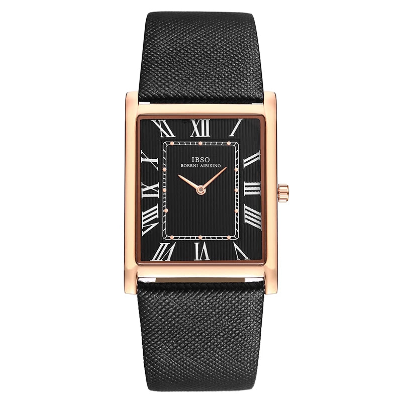 IBSO Ultra-Thin Rectangle Dial Men's Quartz Watch Luxury Business Style Genuine Leather Strap Waterproof New Men WristWatches