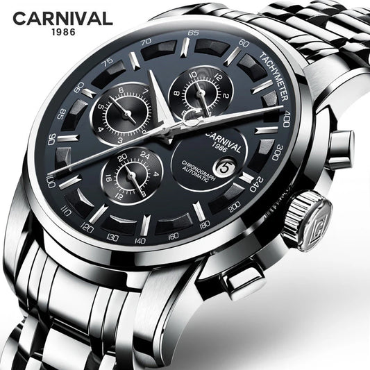 Carnival Brand Luxury Stainless Steel Multifunction Mechanical Watch for Men Waterproof Luminous Hands Calendar Fashion Watches