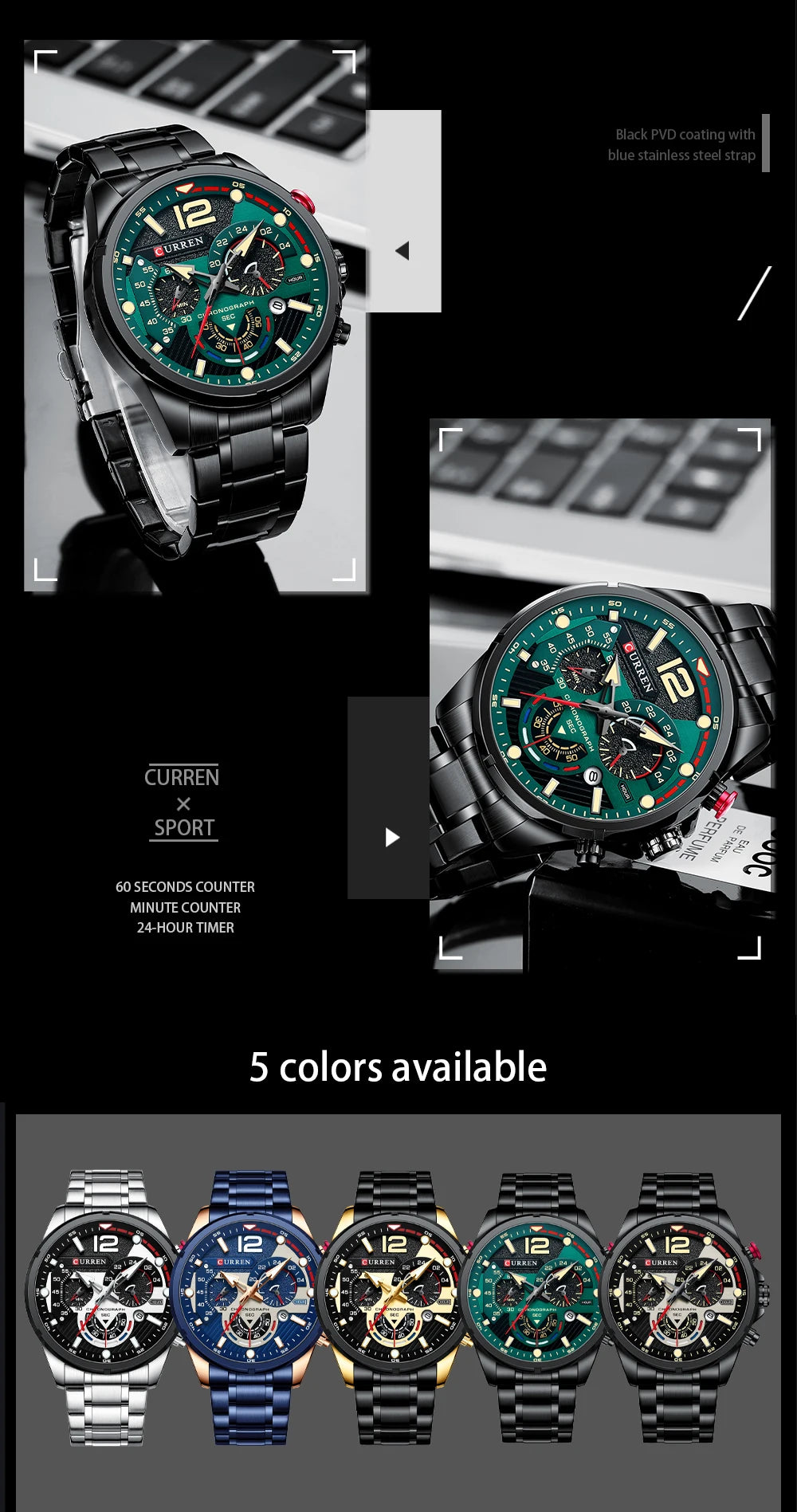 CURREN Watches Men's Sport Quartz Chronograph Wristwatches Luxury Stainless Steel Clock with Luminous Watch Relogio Masculino
