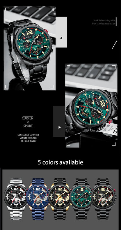 CURREN Watches Men's Sport Quartz Chronograph Wristwatches Luxury Stainless Steel Clock with Luminous Watch Relogio Masculino