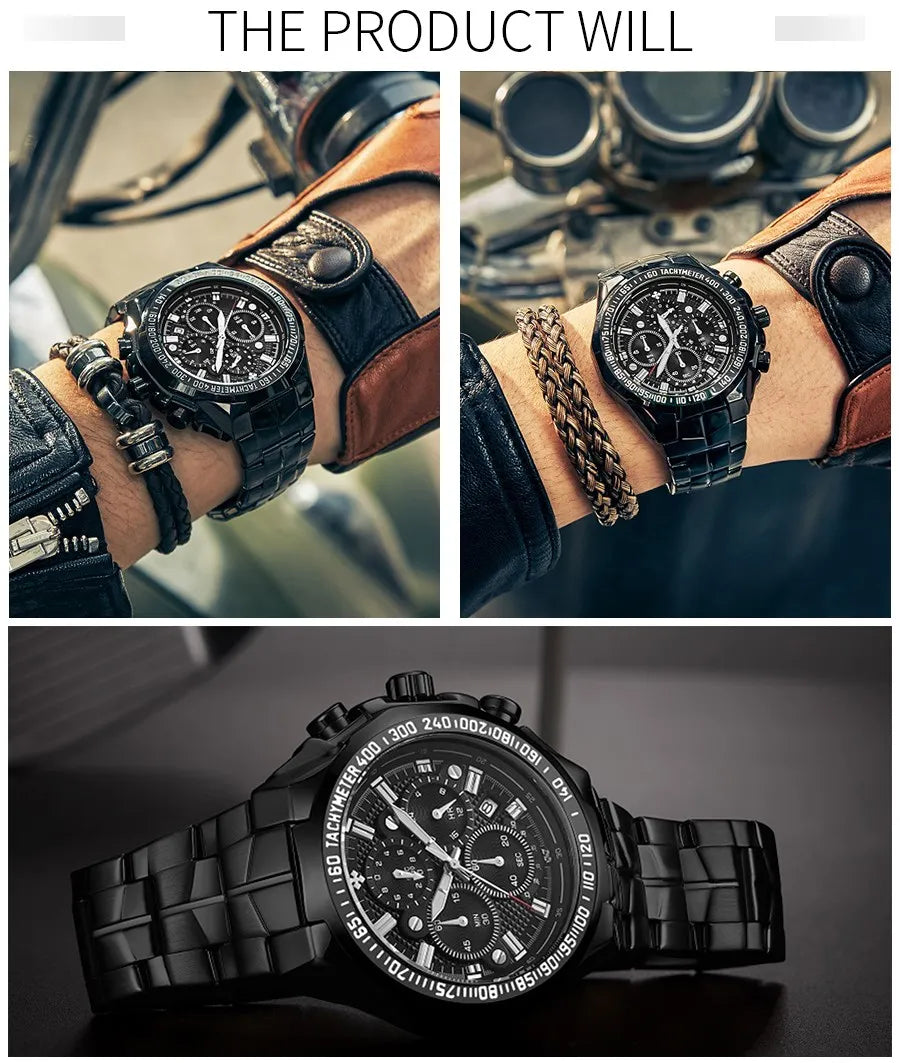 WWOOR Top Brand Luxury Sport Watch For Men Quartz Chronograph Date Luminous Black Full Steel Wrist Watch Male Clock Reloj Hombre