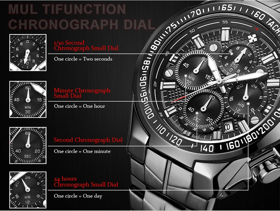 WWOOR Top Brand Luxury Sport Watch For Men Quartz Chronograph Date Luminous Black Full Steel Wrist Watch Male Clock Reloj Hombre