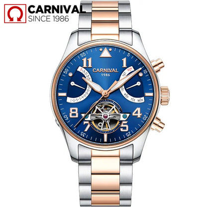 CARNIVAL Fashion Tourbillon Mechanical Watches for Man Automatic Watch Sapphire Waterproof Calendar Luminous Relogio Masculino