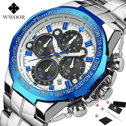 WWOOR Top Brand Luxury Sport Watch For Men Quartz Chronograph Date Luminous Black Full Steel Wrist Watch Male Clock Reloj Hombre