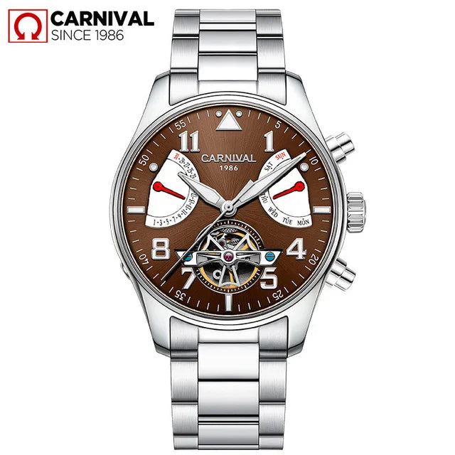 CARNIVAL Fashion Tourbillon Mechanical Watches for Man Automatic Watch Sapphire Waterproof Calendar Luminous Relogio Masculino